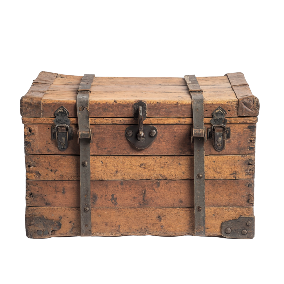 Wooden trunk with metal straps and latch on a Transparent background showcasing vintage storage appeal, wooden trunk with metal straps and a latch, background png