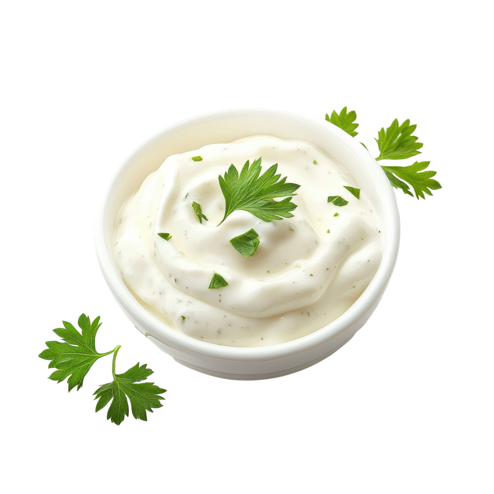 Sour cream topped with fresh parsley served in a white bowl on a plain Transparent background, Sour cream with parsley isolated on png