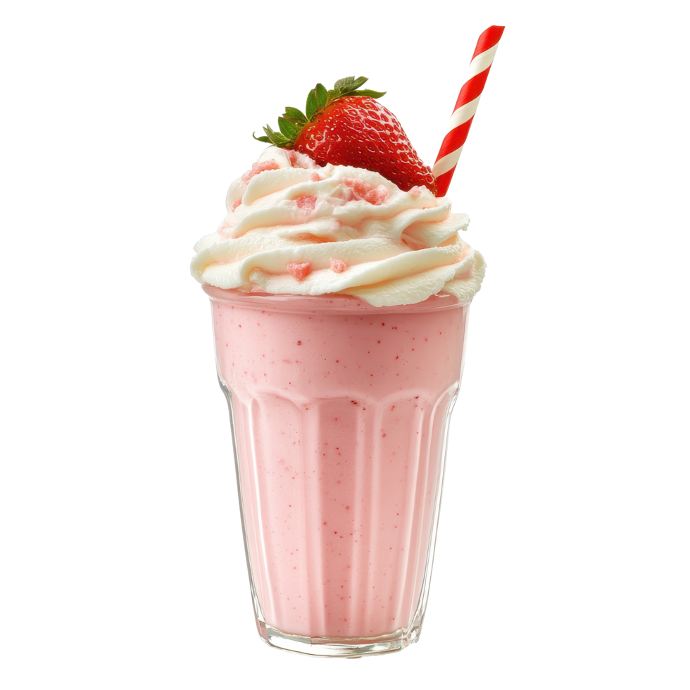 Creamy strawberry milk shake garnished with whipped cream and fresh strawberry against Transparent background, strawberry milk shake, png