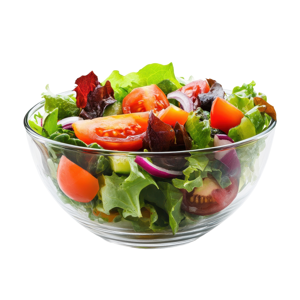 Fresh garden salad prepared in a glass bowl on a Transparent background reflecting healthy eating habits, Salad in glass bowl isolated on background png