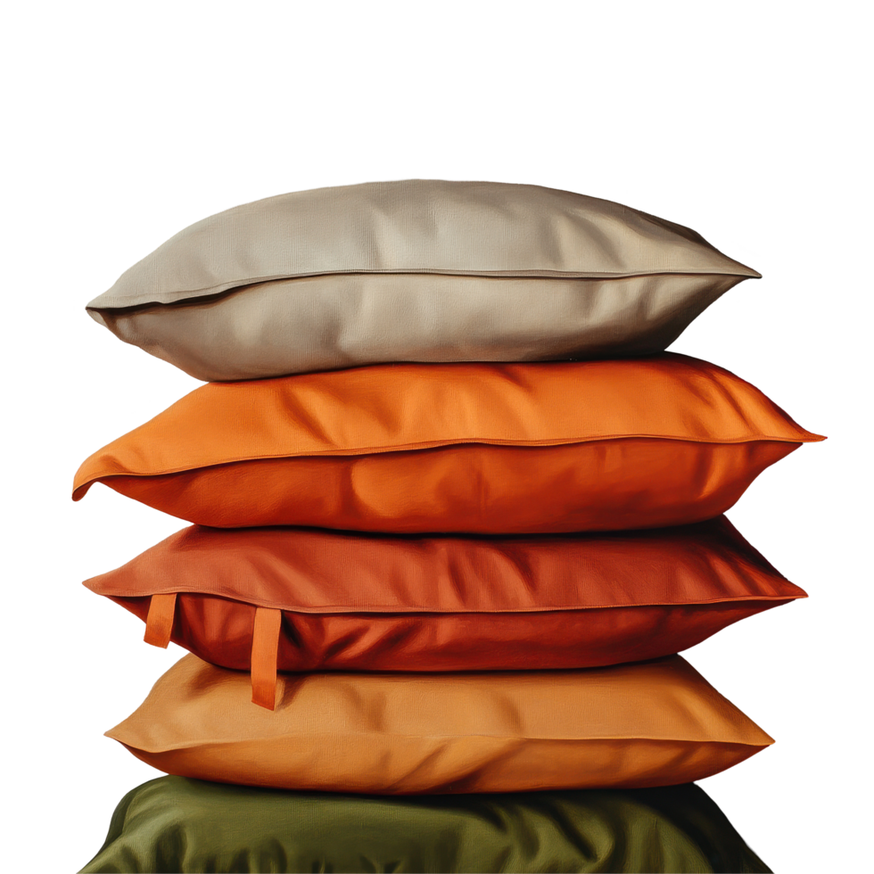 Stacked pillows in warm colors create an inviting atmosphere in a cozy living space, Stack Pillows png