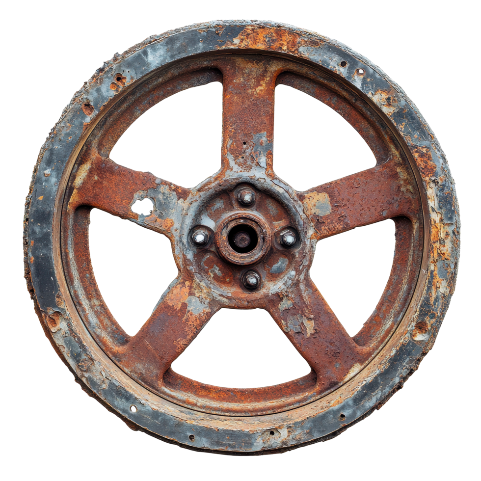 Rusty rimmed wheel with gaps showcasing age and resilience against time, Rusty Rimmed Wheel with a Gap in the Spokes, Transparent background png