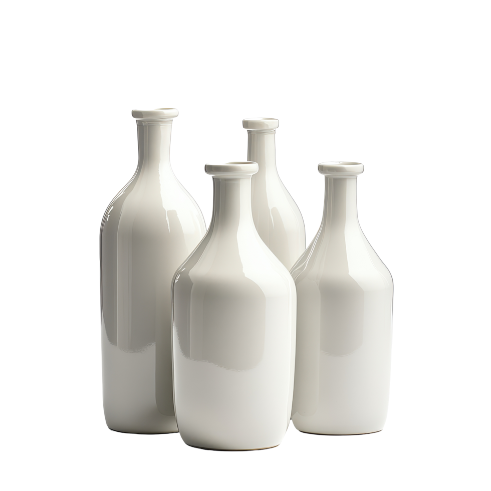 Multiple white bottles arranged together on a clean Transparent background, white bottlesisolated on background png