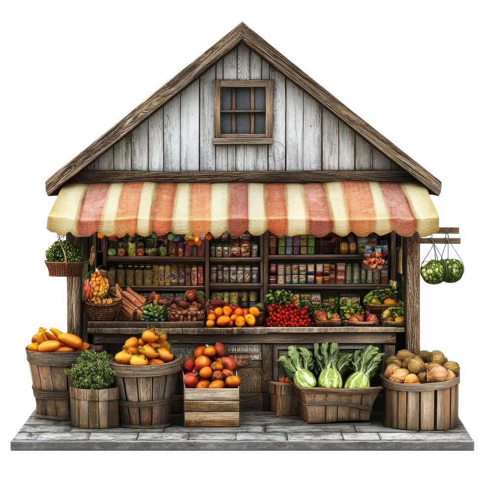 Rustic grocery store showcasing fresh produce and local goods in a rural marketplace setting, Rural Marketplace A Rustic Grocery Store with Fresh Produce, Transparent background png