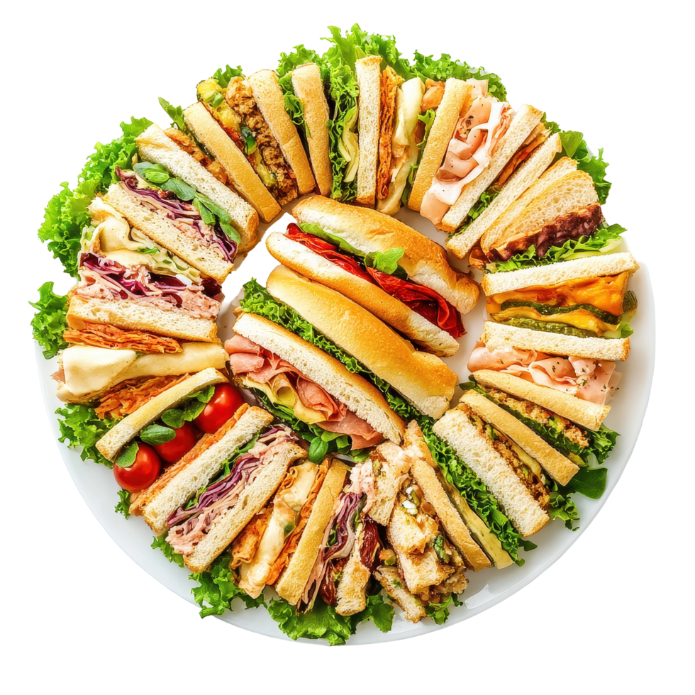 Delicious sandwich catering platter arranged elegantly on a Transparent background for gatherings or events, Sandwich Catering Platter, background png