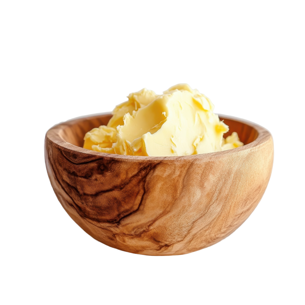 Wooden bowl filled with creamy butter on a simple Transparent background, wooden bowl filled with a mixture butter, background png
