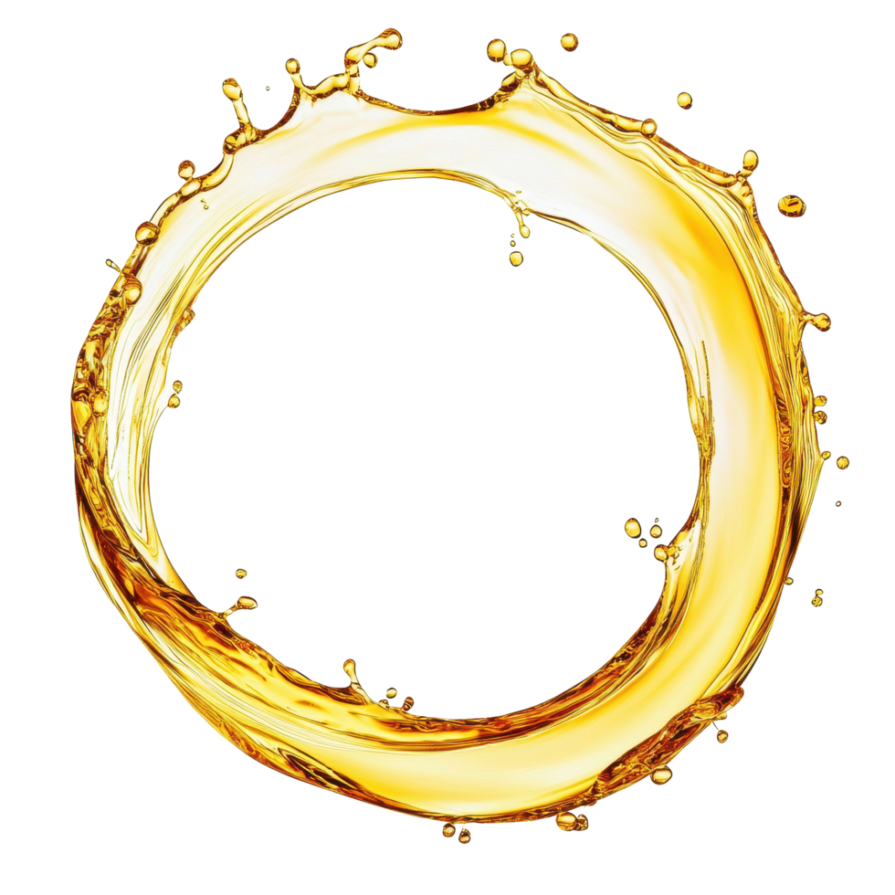 Circular splash of olive or engine oil captures dynamic movement in a vibrant yellow hue, Splash olive or engine oil arranged in a circle isolated on Transparent background, background png