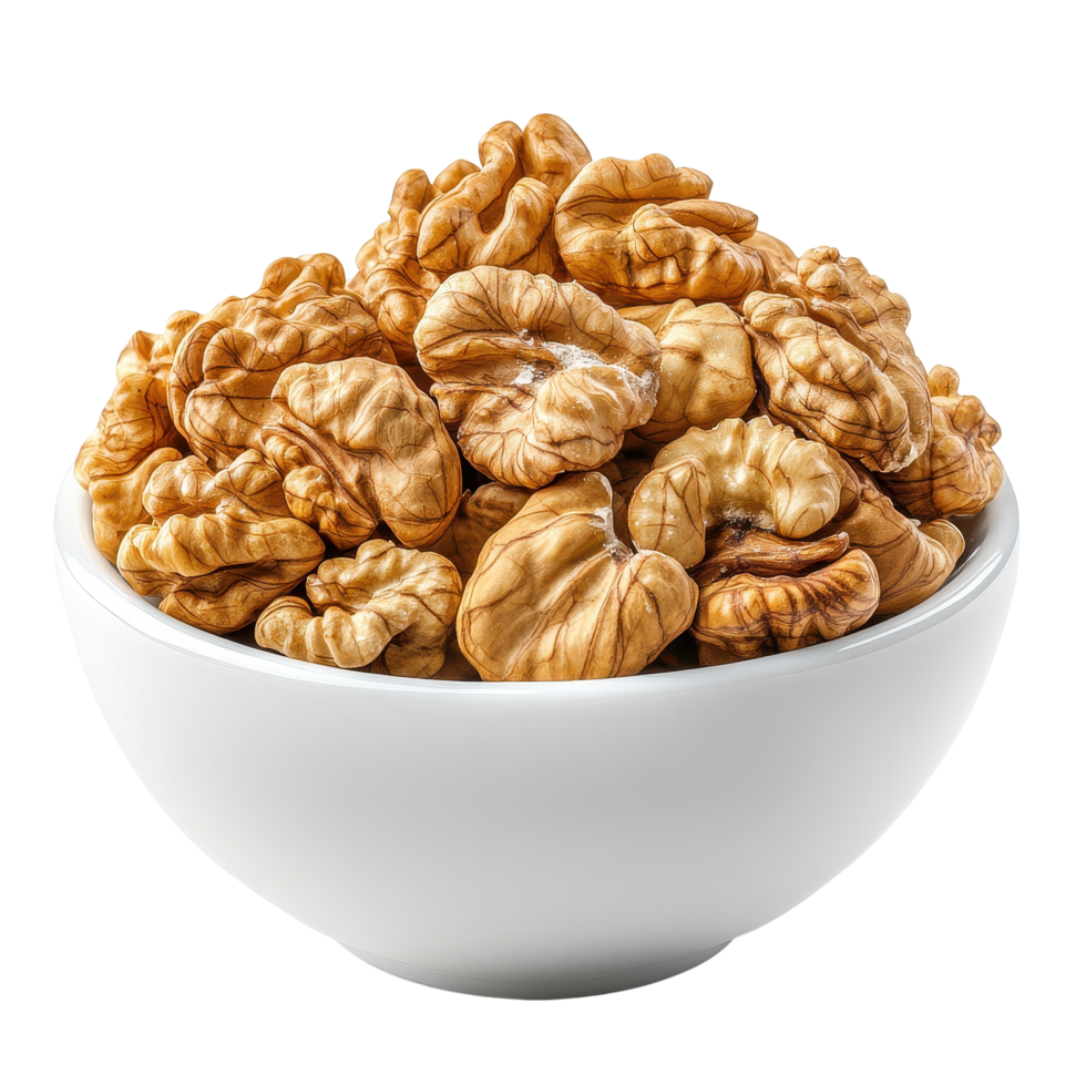 Fresh walnuts in a white bowl on a clean Transparent background for cooking and baking, Walnuts in white bowl isolated on background png