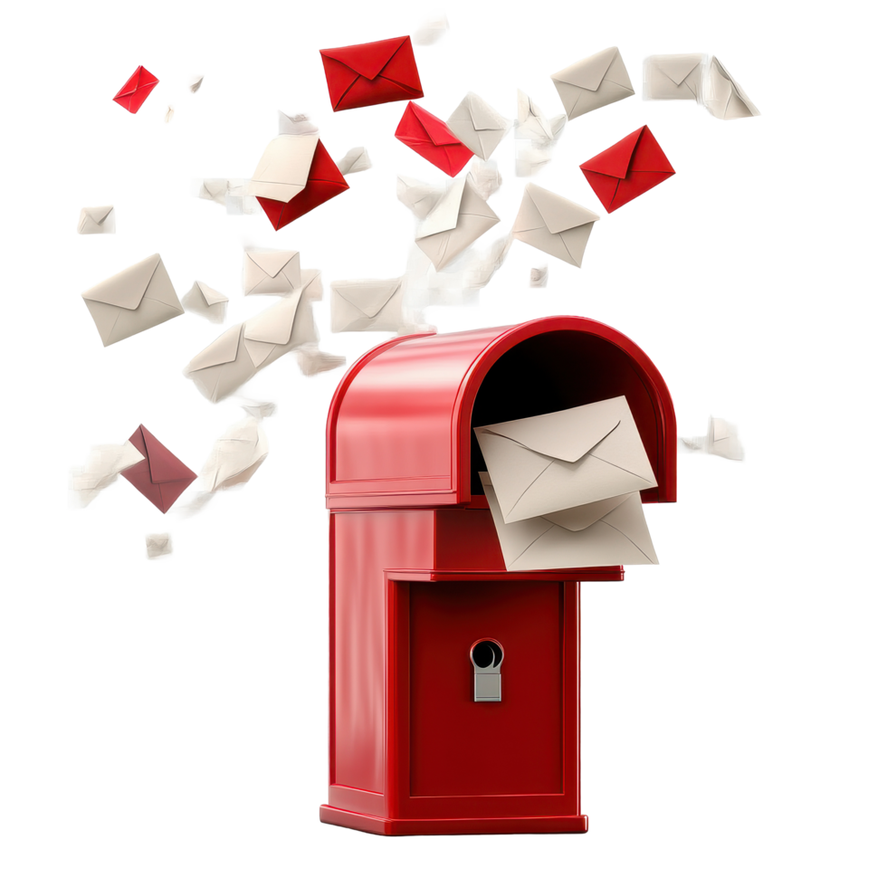 Red mailbox with envelopes flying out against a Transparent background, backgrounding a red mailbox with envelopes flying out on a transparent background png