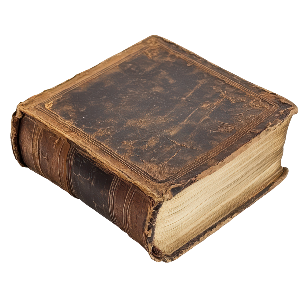 Old leather-bound book resting on a white surface showcasing worn edges and textured cover, very old book with a leather cover, Transparent background png