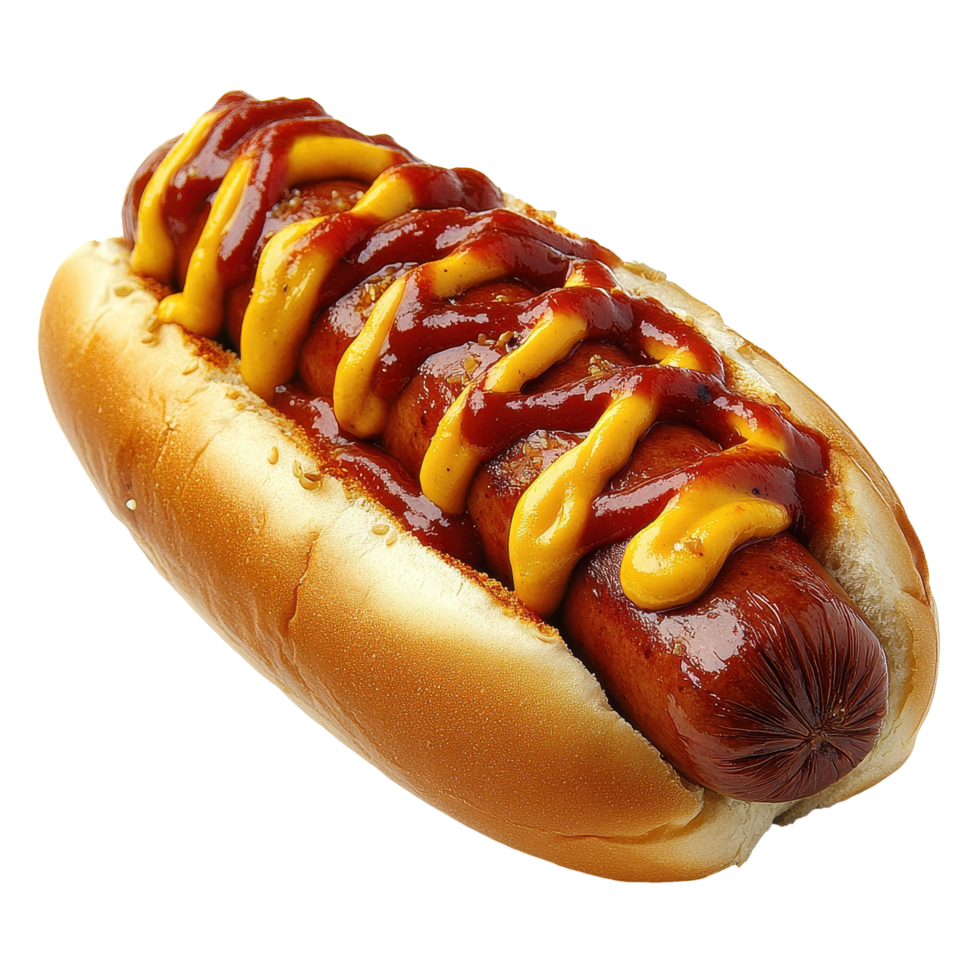 Enjoying a tasty hot dog with mustard and ketchup, perfect for a quick meal or snack, sausage hot dog fast food png
