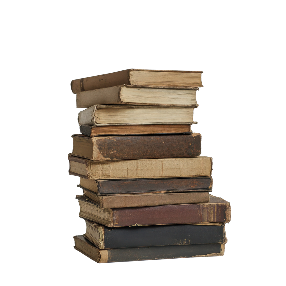 Old stacked books on a white surface against a plain background showcasing vintage literature and diverse textures, stack old books on a white surface, Transparent background png