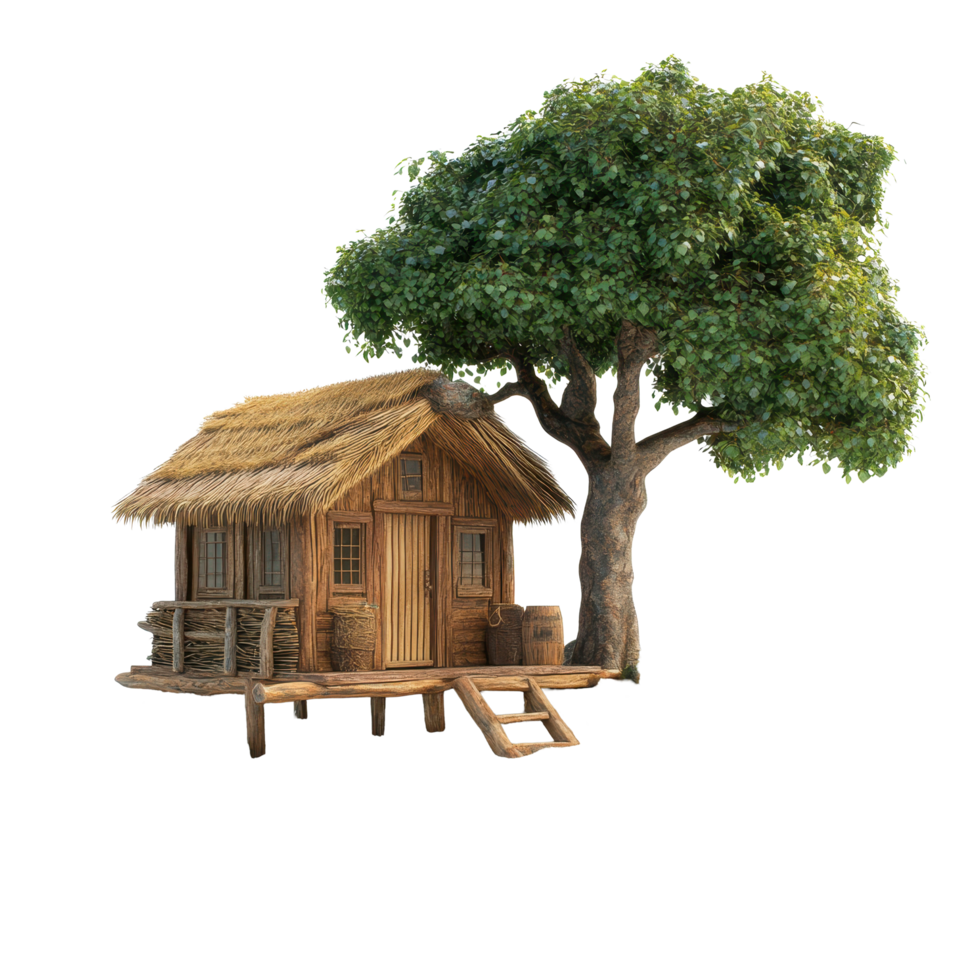 Cozy wooden house with thatched roof beside a tranquil tree on a sandy shore, small wooden house with a thatched roand a tree on a small island, Transparent background png