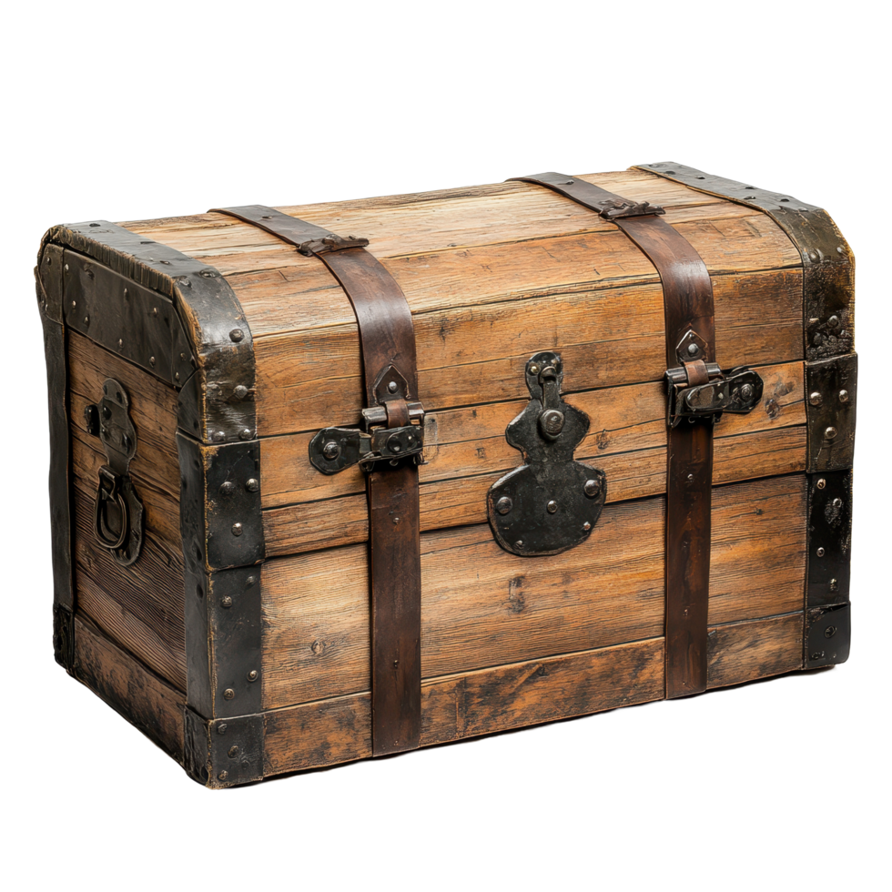 Wooden trunk with metal straps and latch ideal for storage or decorative display in rustic settings, wooden trunk with metal straps and a latch, Transparent background png