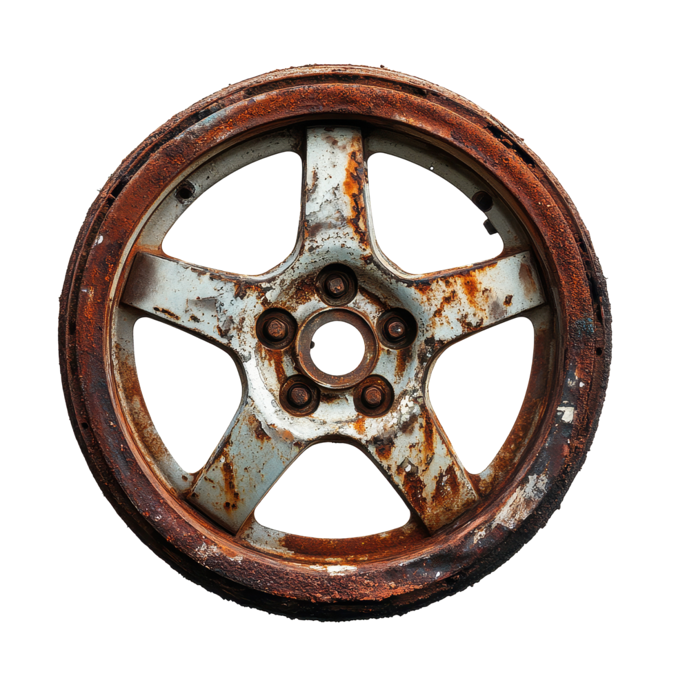 Rusty car rim on a Transparent background highlighting wear and age, Rusty car rim isolated on png