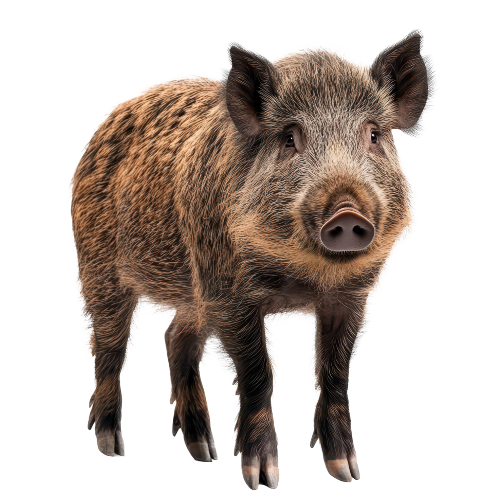 Wild boar standing in front of Transparent background showcasing its unique features and natural charm, Wild Boar Standing in Front White Background, background png