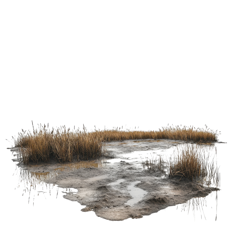 Mudflats and puddles in a wetland ecosystem under white atmospheric conditions, Wetland Ecosystem Mudflats and Puddles, Transparent background png