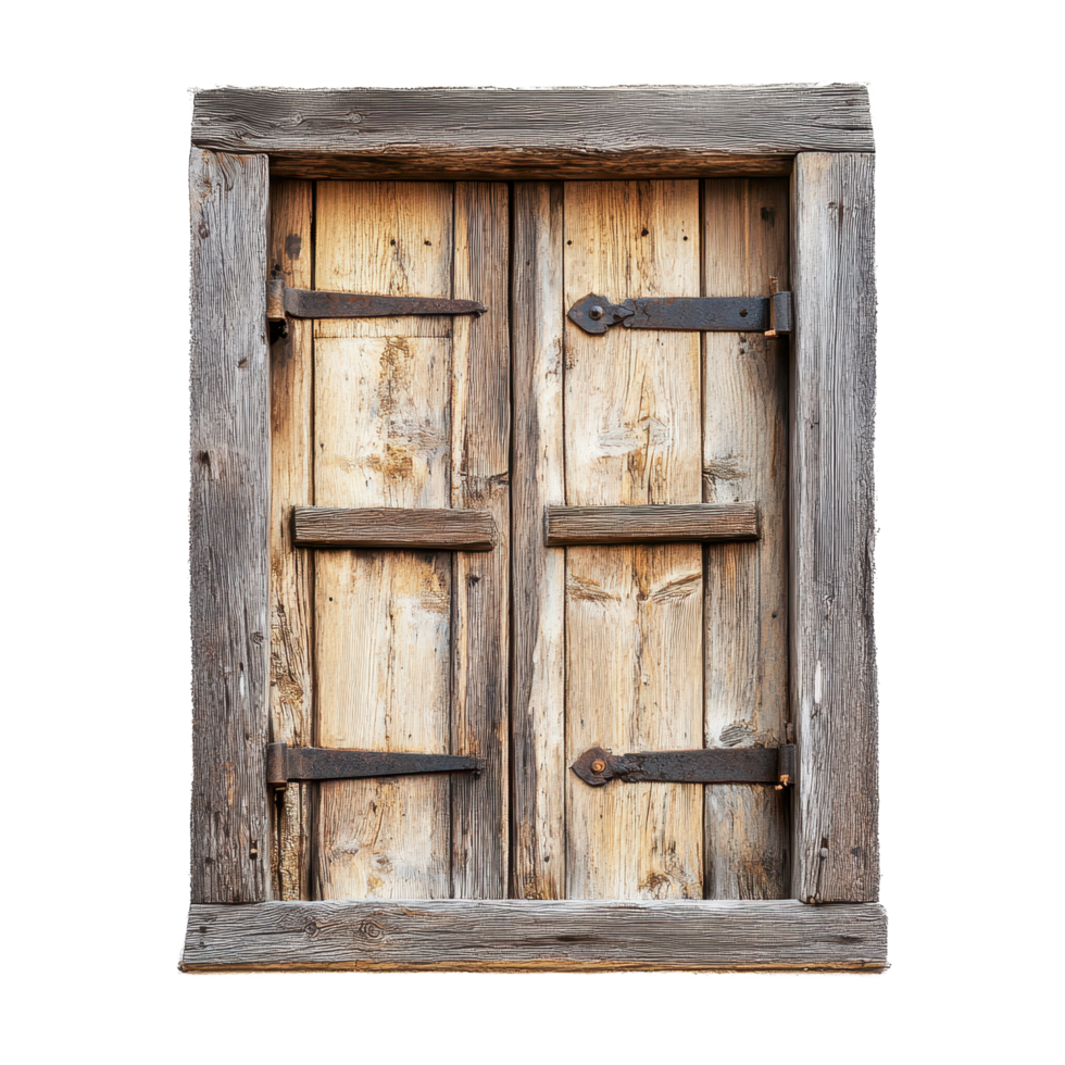 Weathered wooden window with metal accents in a rustic setting, wooden window with a metal knock knock on it, Transparent background png