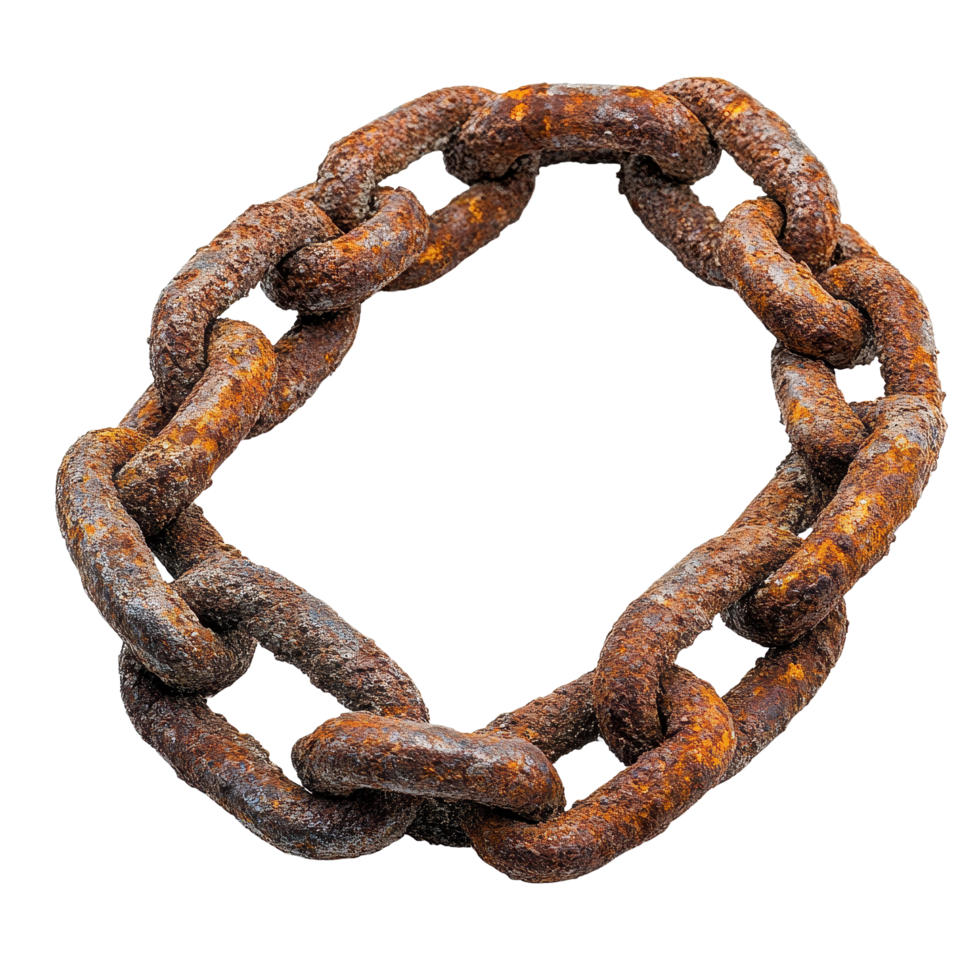 Rusty metal chain with weathered texture displayed on a clean Transparent background for artistic focus, rusty metal chain, background png