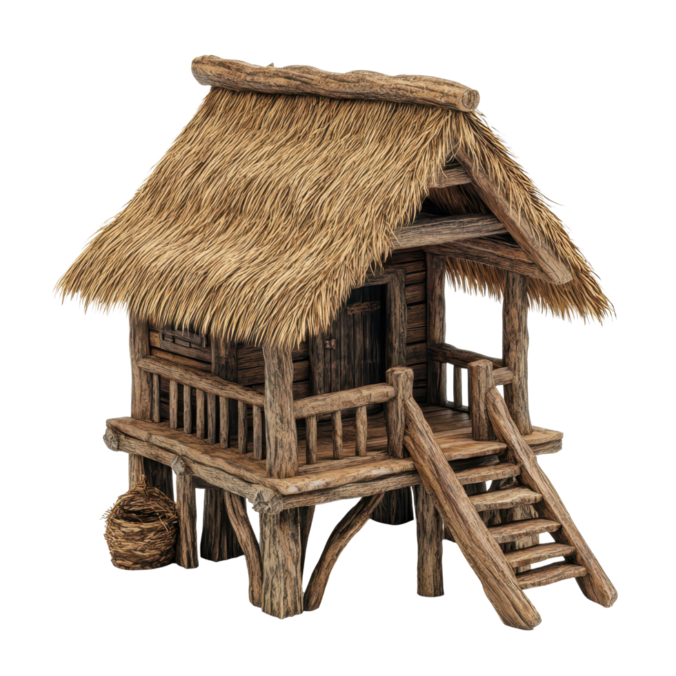 Small wooden house featuring a thatched roof and round stairs in a rustic style, small wooden house with a thatched roand stairs, Transparent background png