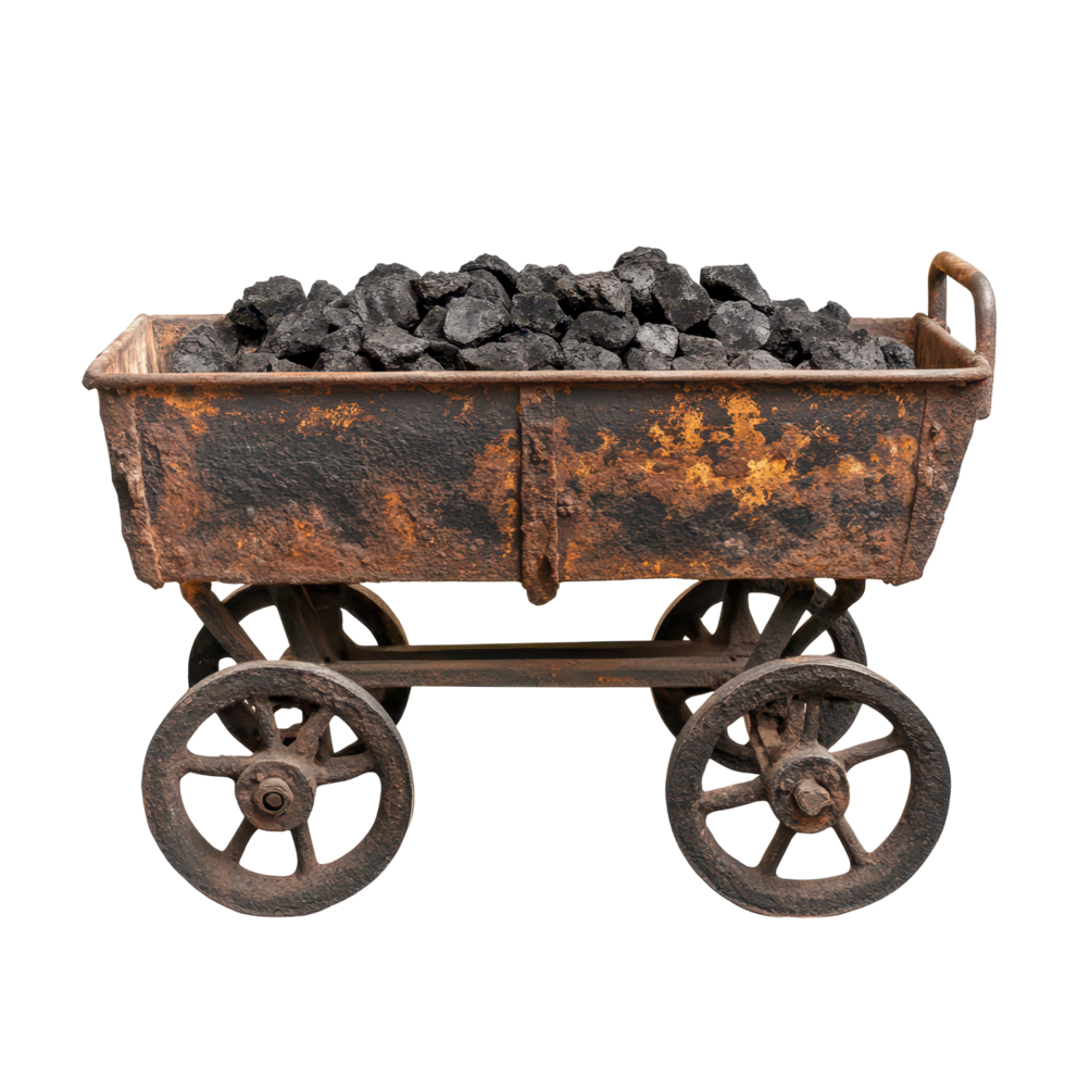 Rusty coal cart filled with coal on wheels placed against a plain Transparent background, rusty coal cart with coal on wheels, background png