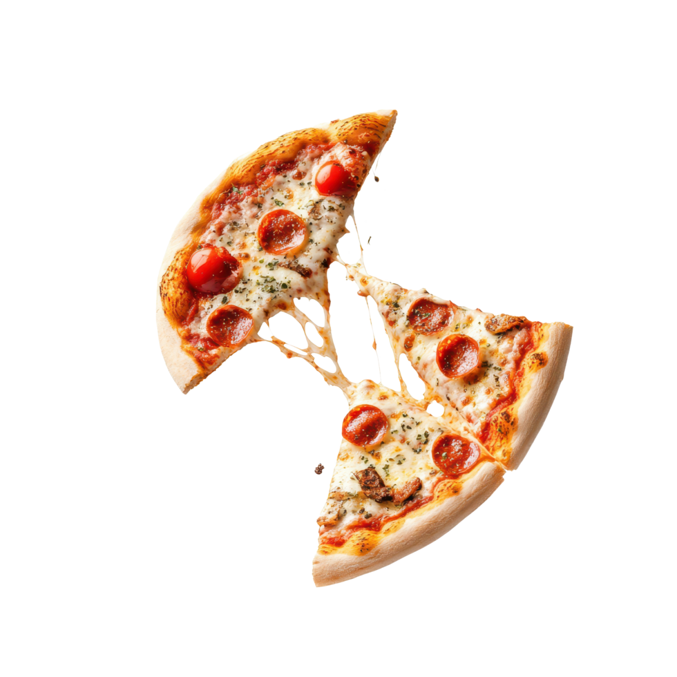 Fresh slice of pizza tossed in the air against a clean Transparent background, slice pizza being tossed into the air, png