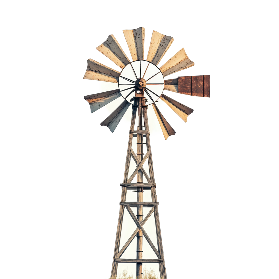 Rustic windmill stands tall against a clear desert sky during evening hours in a peaceful landscape, Rustic Windmill Against a Desert Sky, Transparent background png