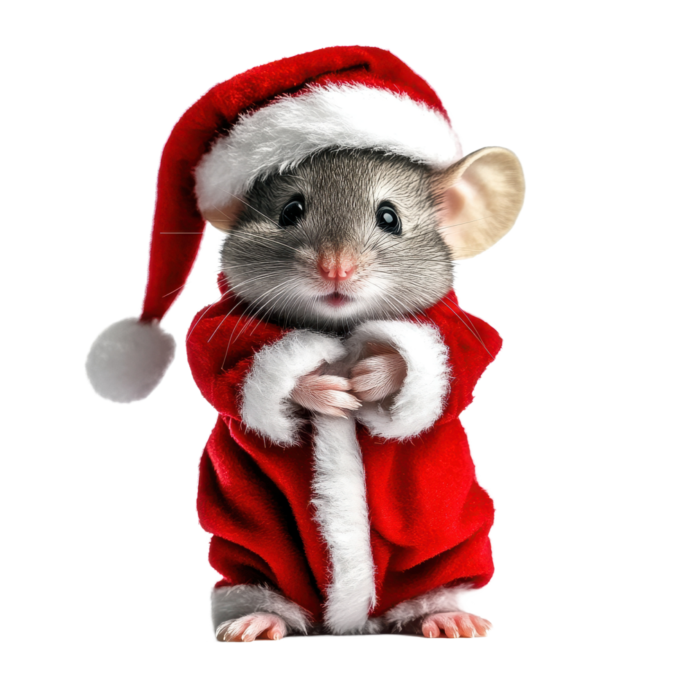 Santa mouse in festive costume celebrating Christmas on a Transparent background, santa mouse wearing christmas costume on png