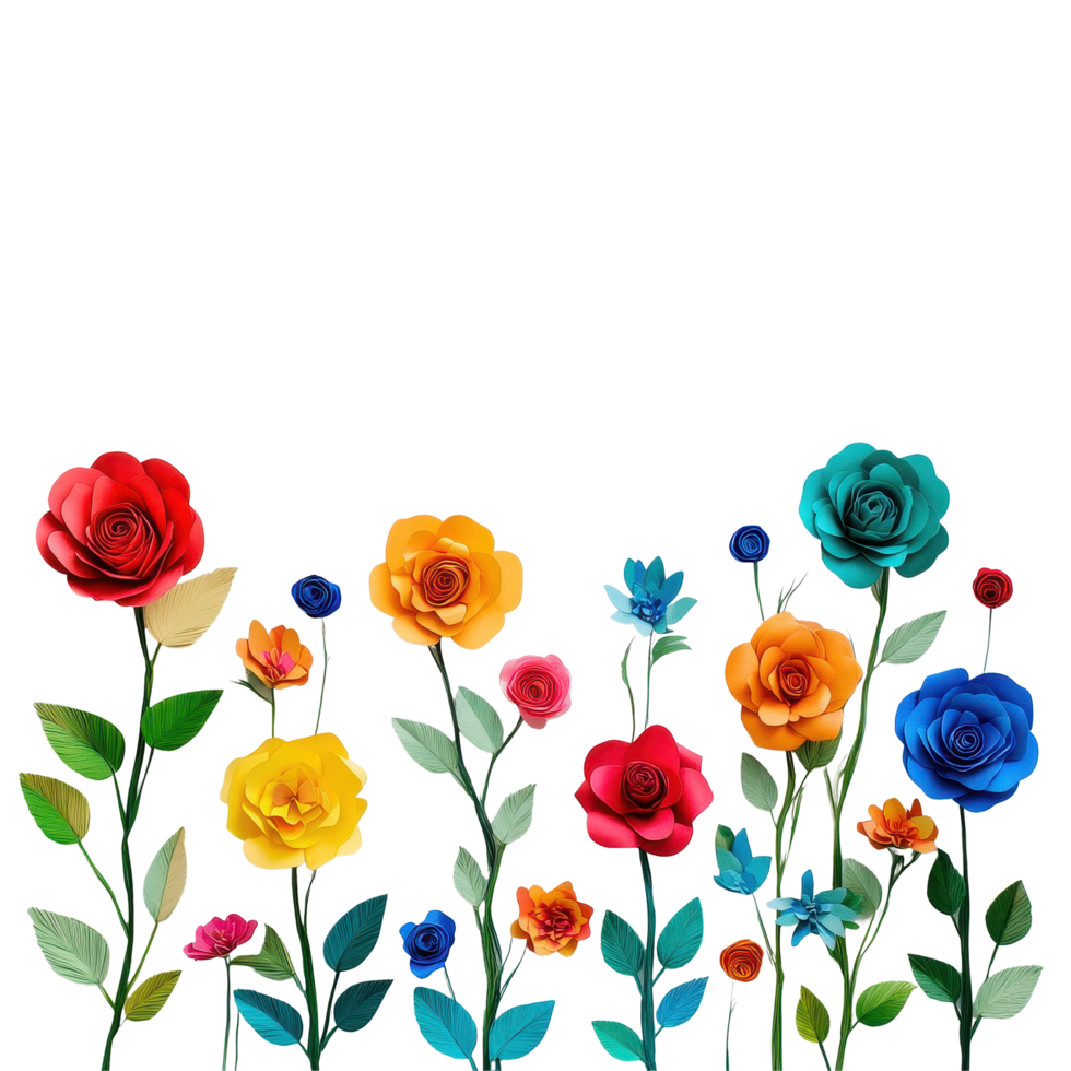 Colorful paper flowers arranged artistically on a white surface creating a vibrant display, row colorful paper flowers on a white surface, Transparent background, background png