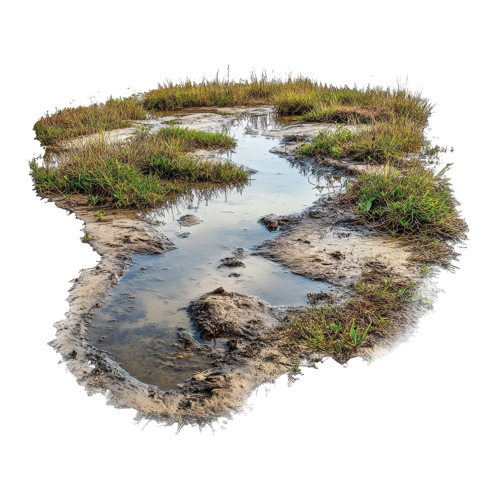Exploring the wetland ecosystem of mudflats and puddles surrounded by greenery, Wetland Ecosystem Mudflats and Puddles, Transparent background png