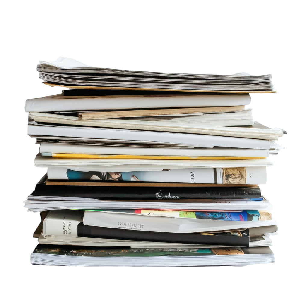 Stack of assorted papers and magazines resting on a Transparent background showcasing various styles and layouts, Stack papers and magazines, background png