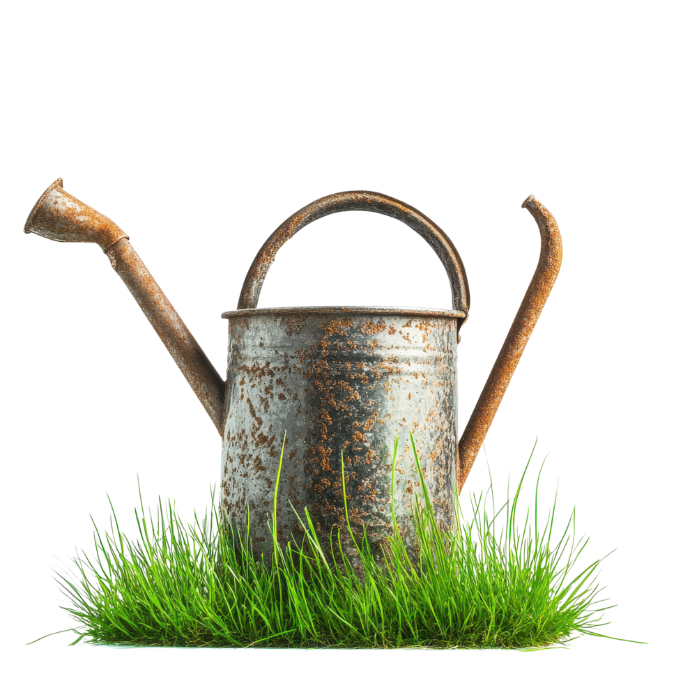 Rusty watering can resting on fresh green grass against a Transparent background, Watering can with green grass, background png