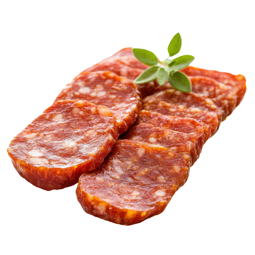 Slices of salami garnished with fresh herb on Transparent background, Salami isolated background backgroud, background png