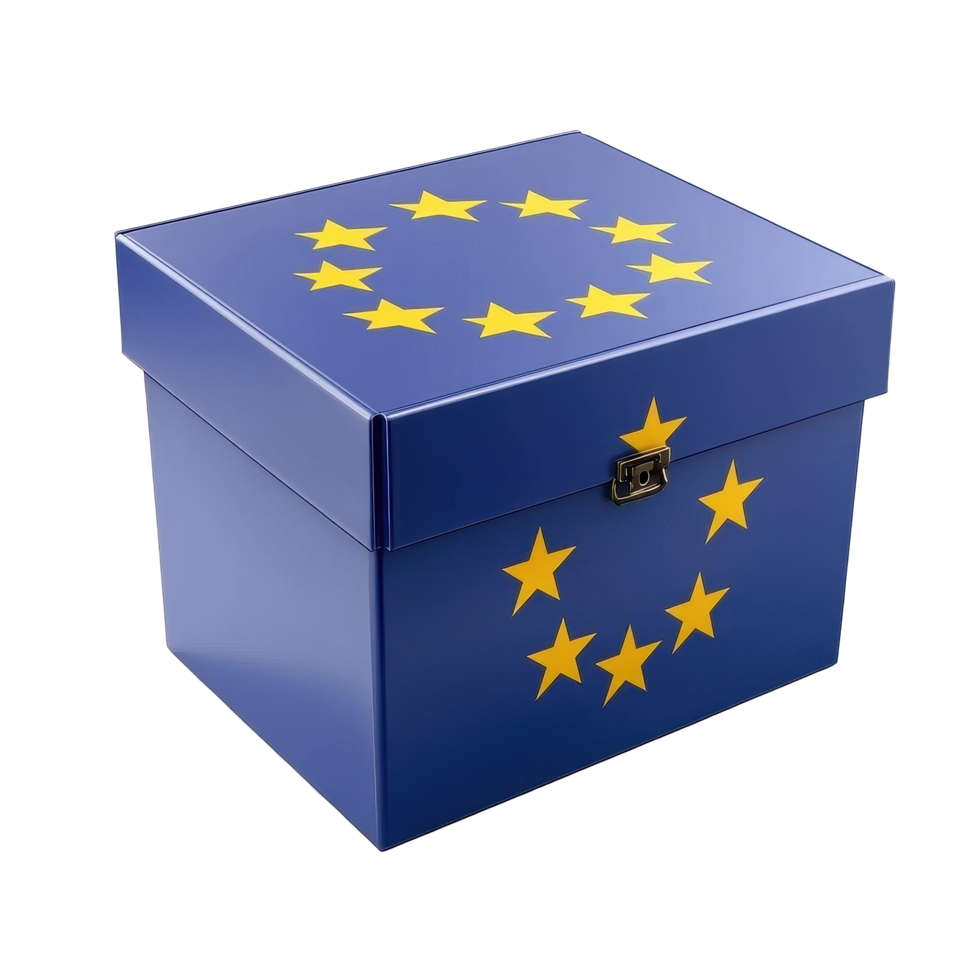 Voting ballot box featuring EU flag design isolated on Transparent background during election season, Voting ballot box with EU flag, isolated on png