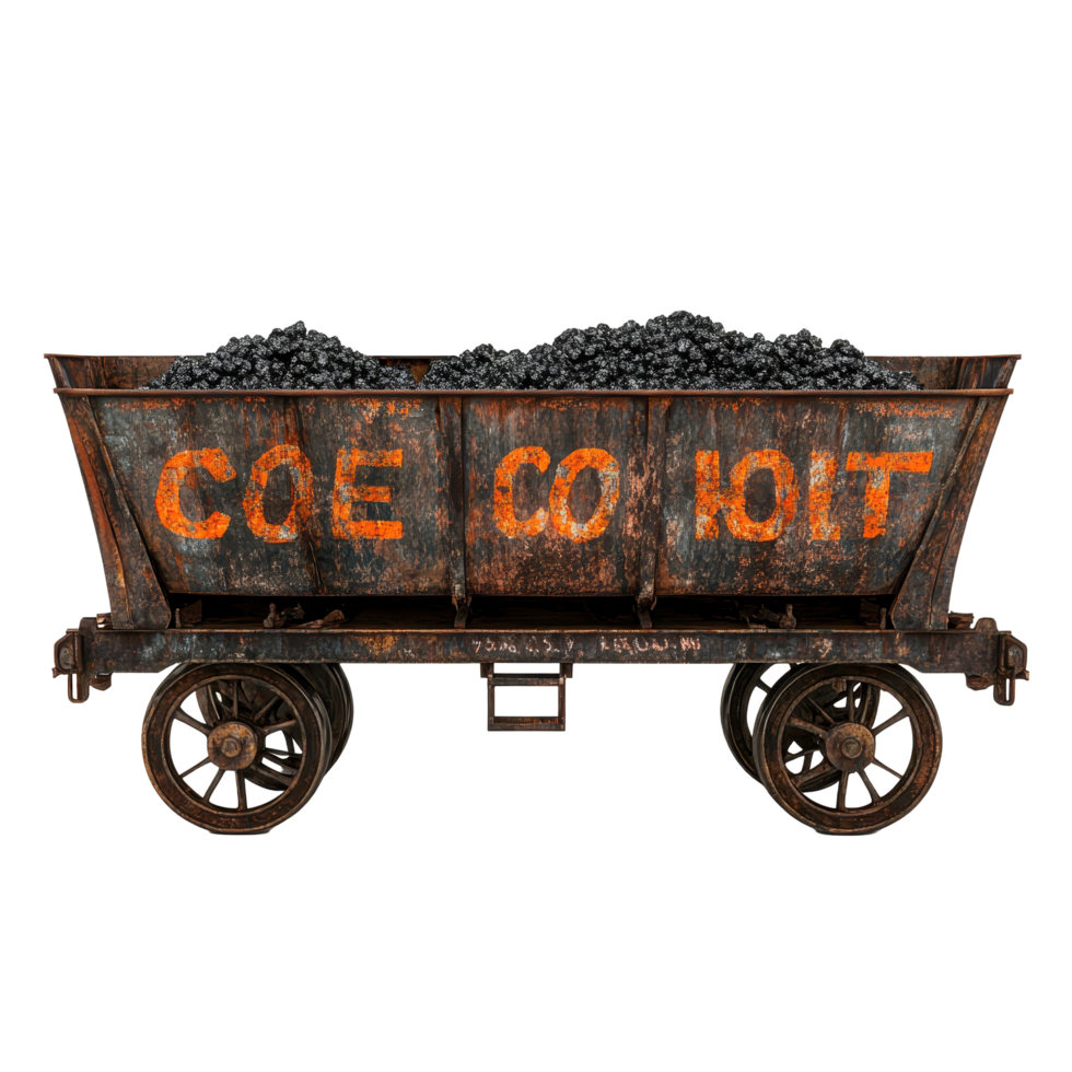 Rusty train cart filled with coal sits abandoned in a forgotten railway yard, rusty old train cart with coal written on it, Transparent background png