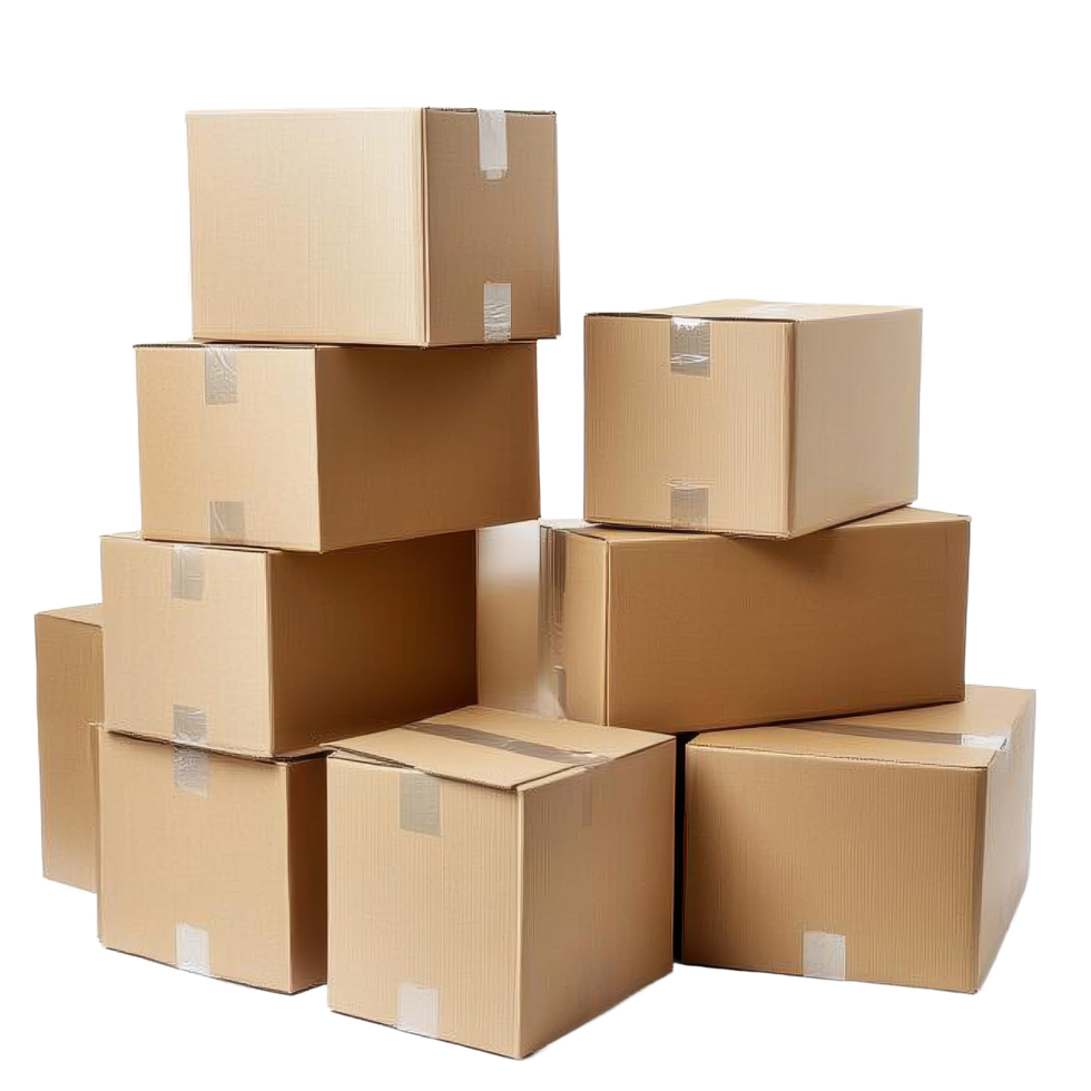 Stacked cardboard boxes with clear tape isolated on a Transparent background for packing and shipping purposes, Stack cardboard boxes isolated on png
