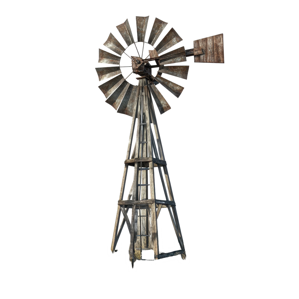 Rustic windmill stands tall against the clear desert sky showcasing natural beauty in a serene landscape, Rustic Windmill Against a Desert Sky, Transparent background png