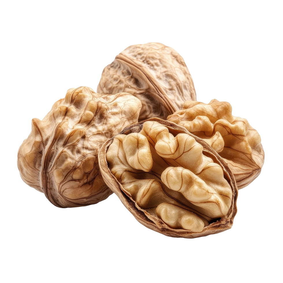 Walnuts on Transparent background, showcasing their unique texture and shape for culinary and health uses, Walnutsisolated on background png