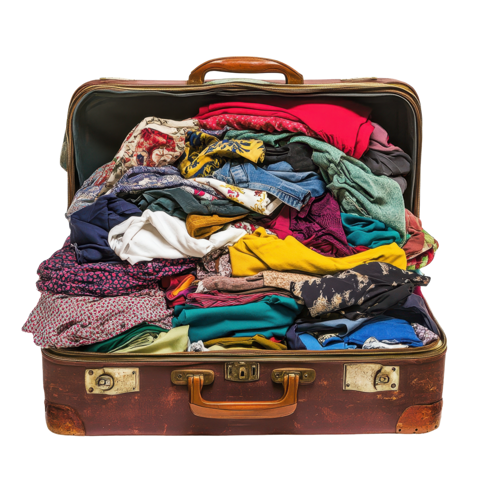 Packed suitcase filled with colorful clothes against a Transparent background for travel preparation, suitcase with a lot clothes inside it, background png