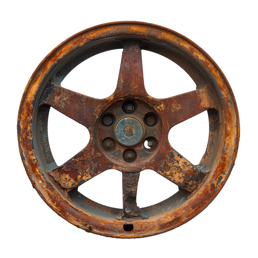 Rusty car rim isolated on Transparent background showcasing weathered texture and worn appearance, Rusty car rim isolated on png