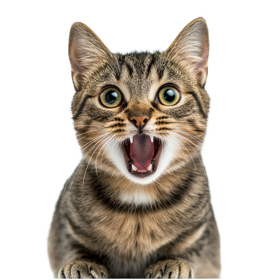 Startled tabby cat displaying surprise with wide open mouth and alert expression in indoor setting, Startled Tabby Cat with Open Mouth and Alert Expression or scared cat, Transparent background png