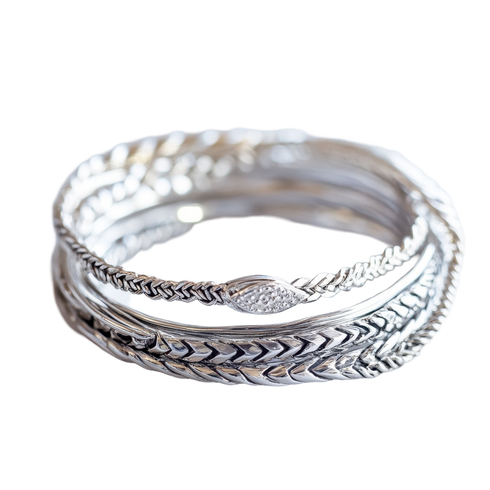 Stack of silver bracelets showcasing intricate designs against a clean Transparent background, Stack Silver Bracelets, background png