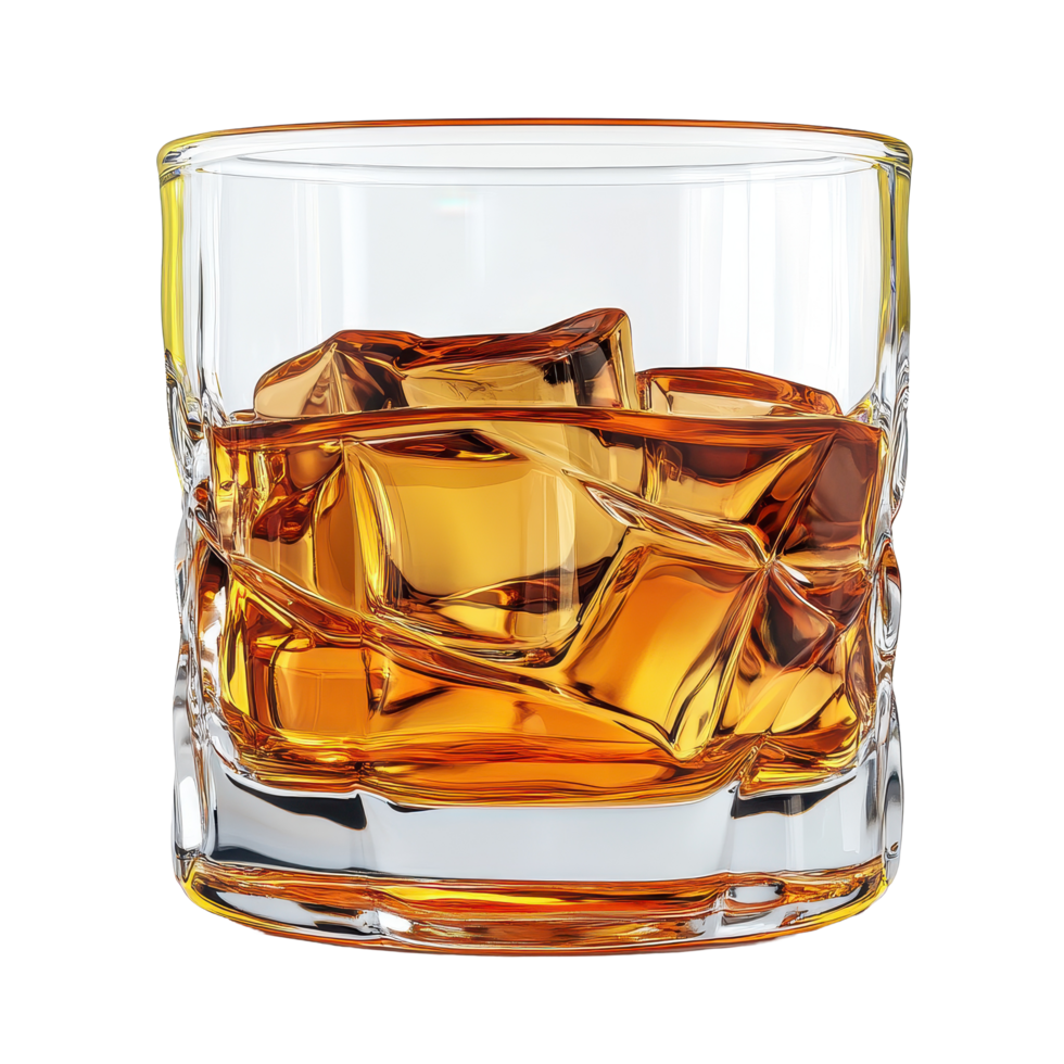 Rich amber whiskey served over ice in an elegant glass on a clean Transparent background, whiskey in glassisolated on background png