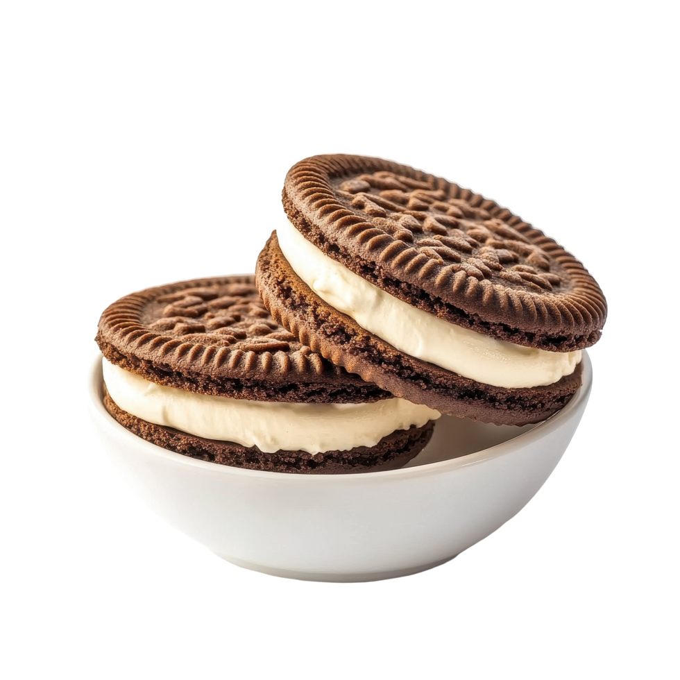 Delicious sandwich cookies with cream served in a bowl against a Transparent background for dessert lovers, sandwich cookies with cream in bowlisolated on background png
