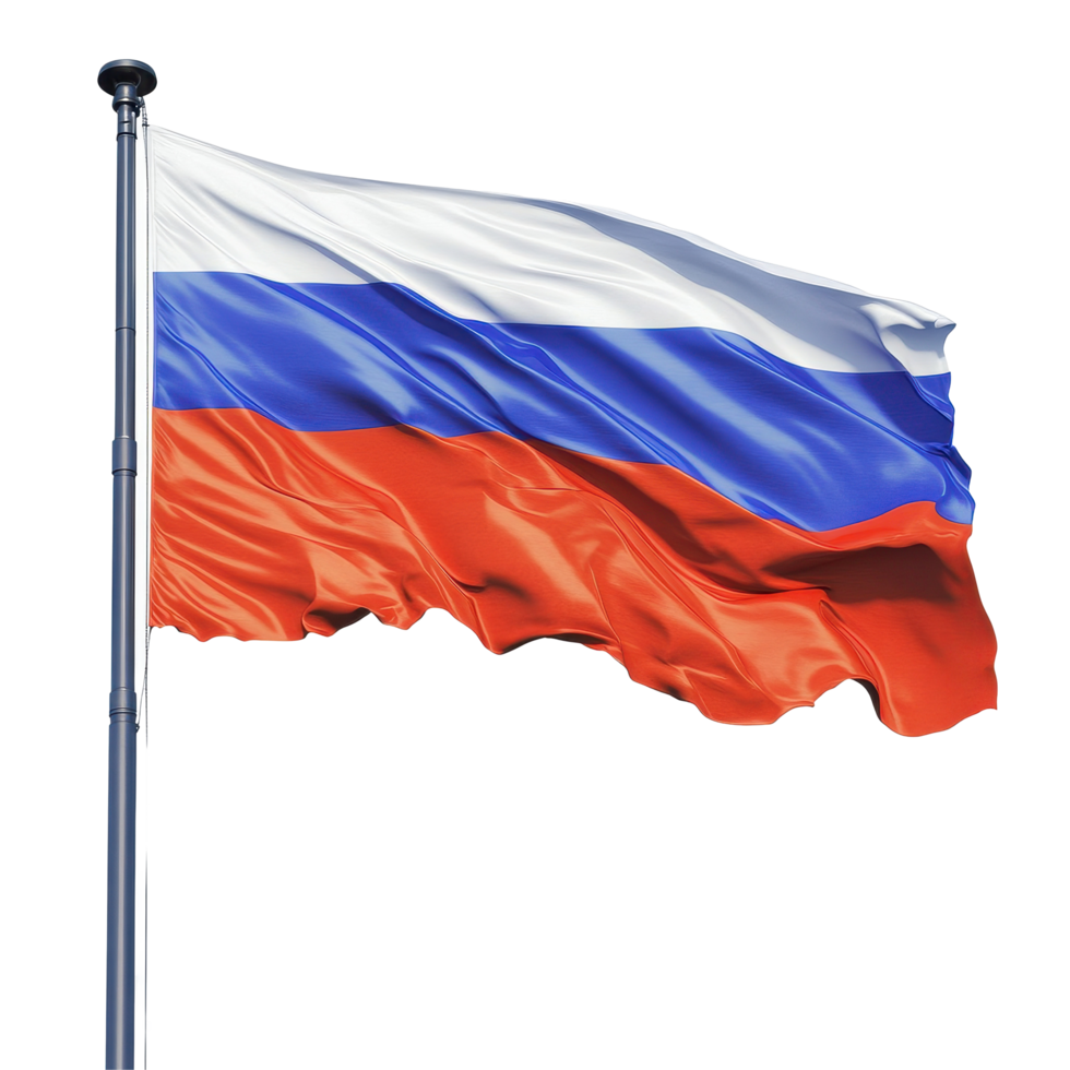Russian flag gracefully waves in the wind against a clean white backdrop, russia flag flying in the wind isolated on Transparent background, background png