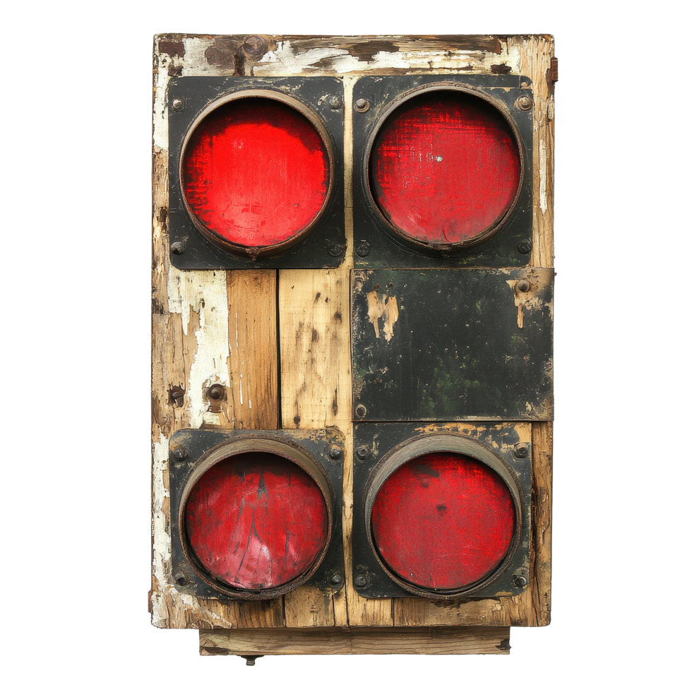 Rustic red traffic signal creatively repurposed with a unique wooden frame, Rustic Red Traffic Signal A Creative Repurpose, Transparent background png