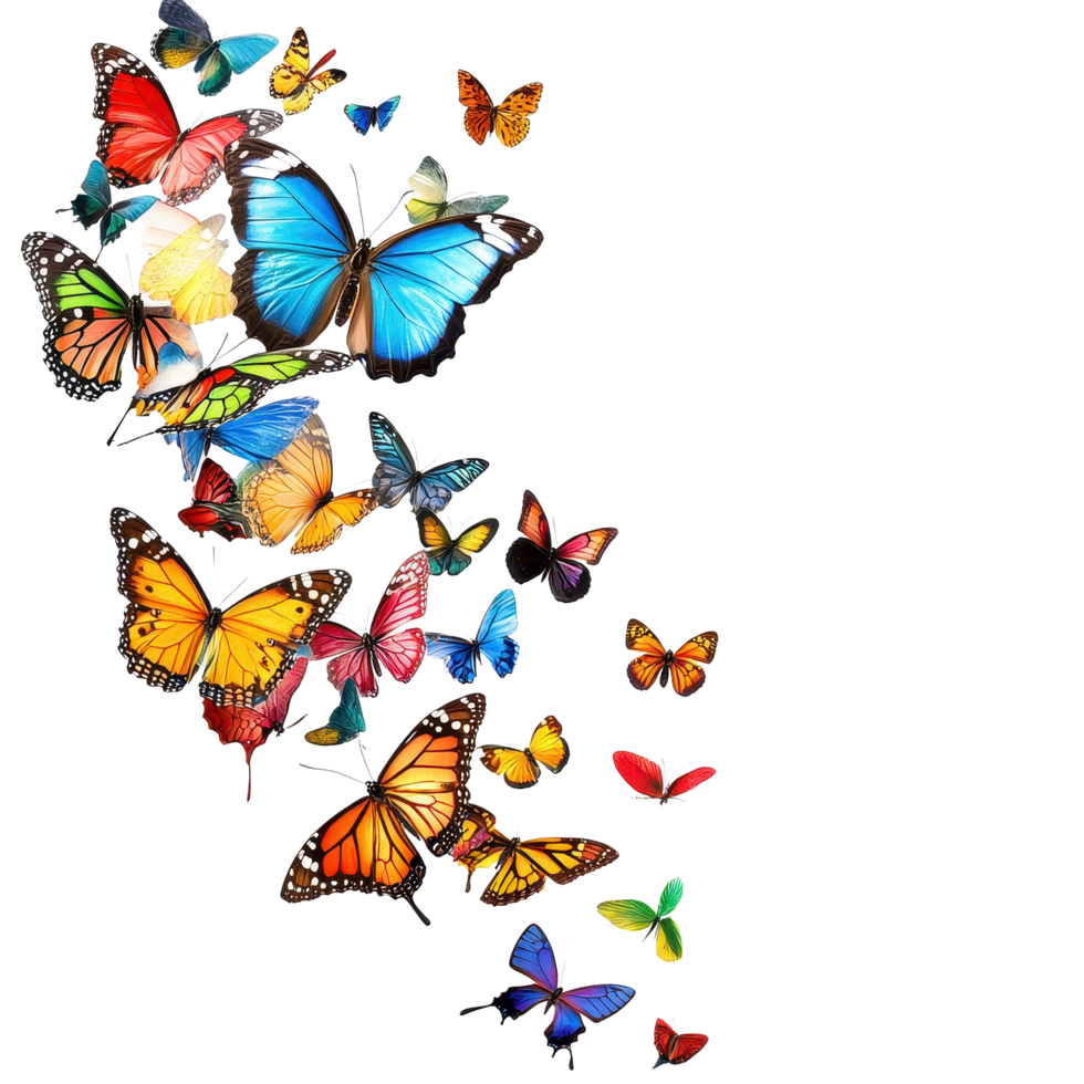 Colorful butterflies gracefully soaring in a bright Transparent background creating a lively atmosphere, Soaring colorful butterflies isolated on png