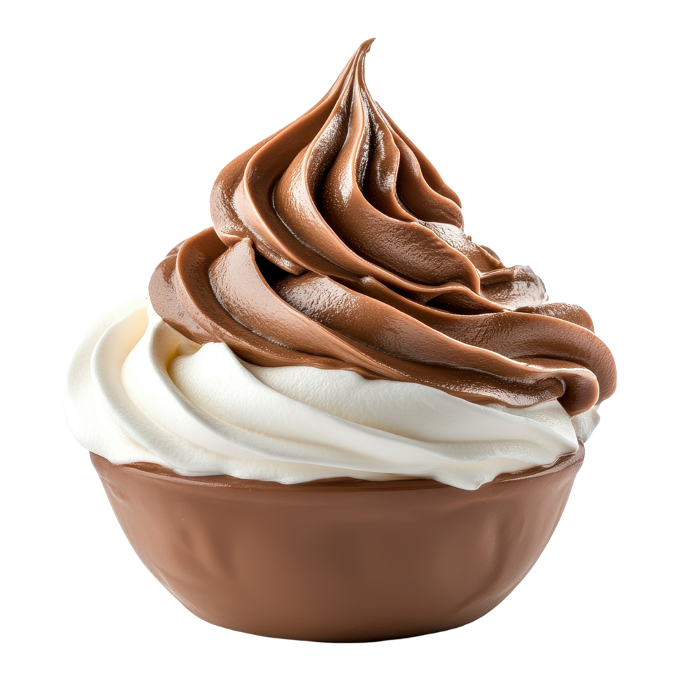 Delicious swirl of white and chocolate whipped cream in a chocolate bowl on a Transparent background, white and chocolate whipped cream isolated on png