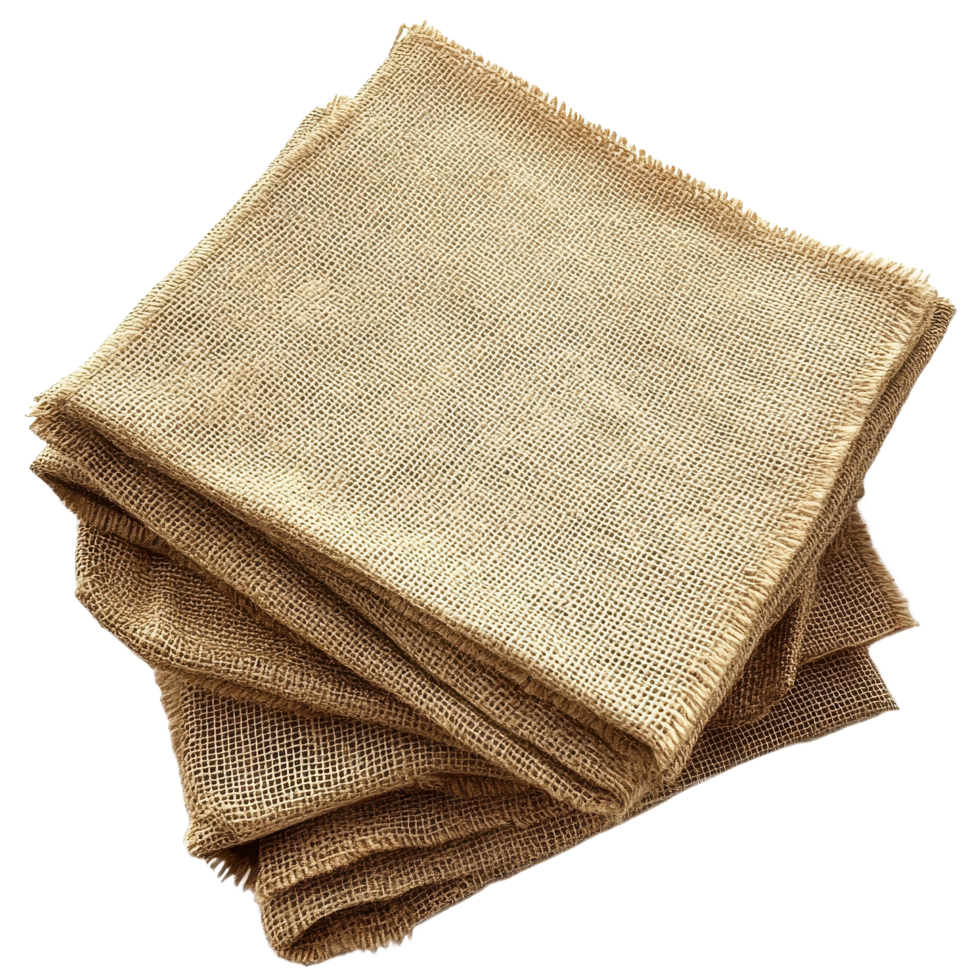 Beige burlap fabric bundle showcasing texture and natural fibers for crafts and home decor, This is a bundle beige burlap fabric with visible texture displayed on a plain Transparent background png