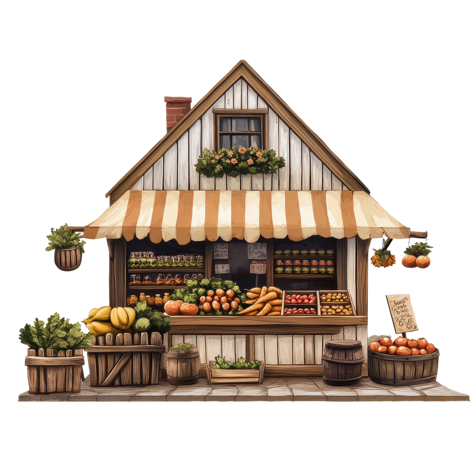 Rustic grocery store in a rural marketplace showcasing fresh produce and local goods, Rural Marketplace A Rustic Grocery Store with Fresh Produce, Transparent background png
